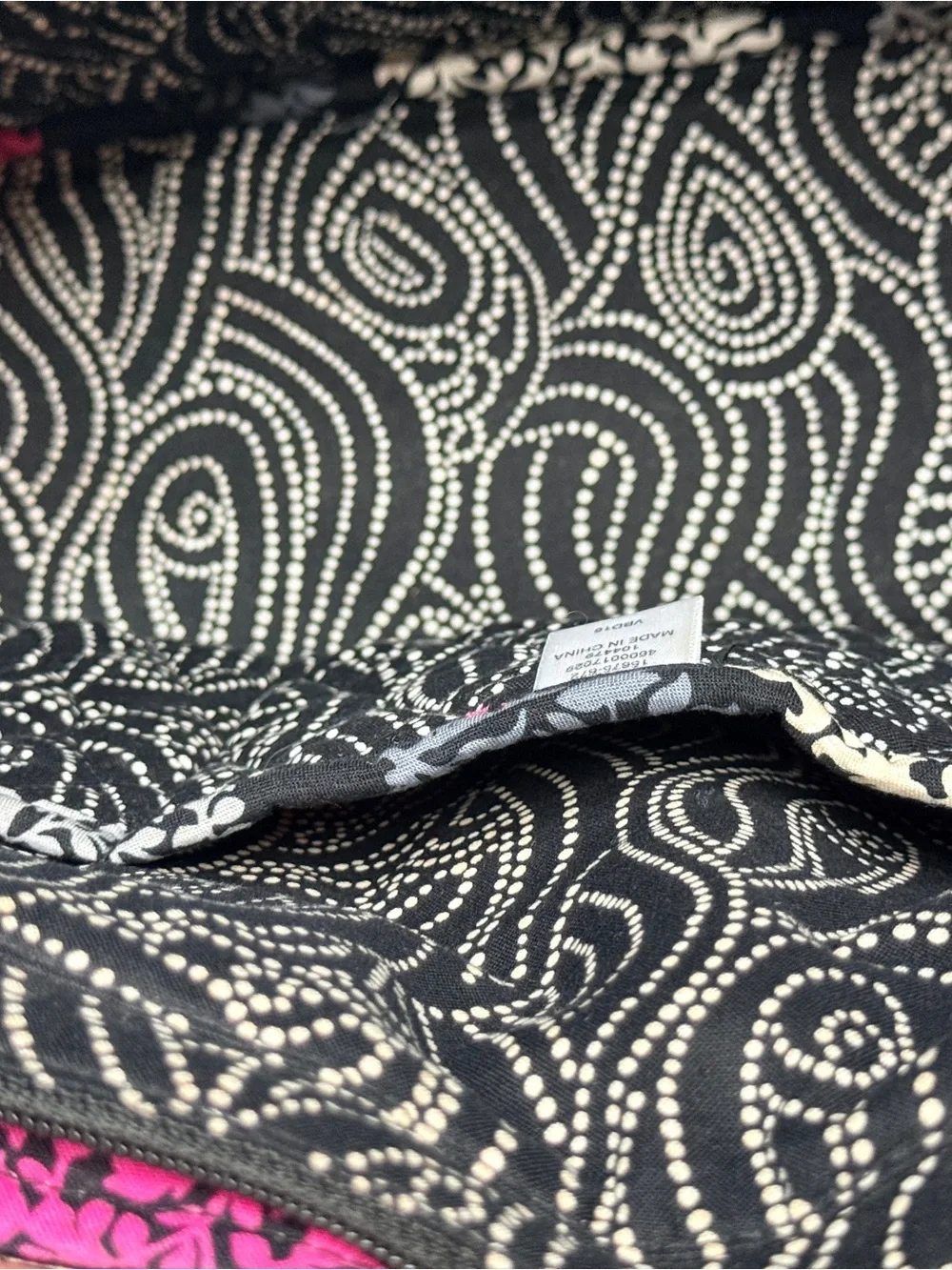 Vera Bradley Tote Shoulder Bag Northern Lights Black Pink Leaf Print Cotton